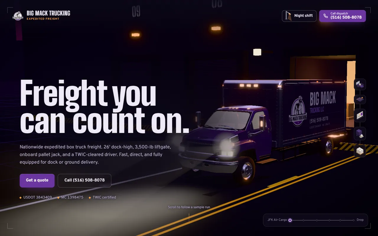 Big Mack Trucking homepage: Freight you can count on, beside a purple 3D box truck on a night road.