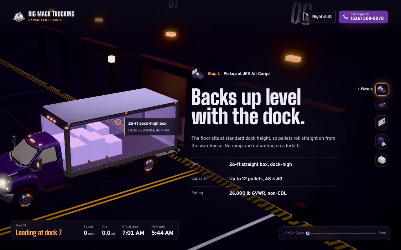 Stop 1, pickup at JFK Air Cargo: the truck backs up level with the dock.