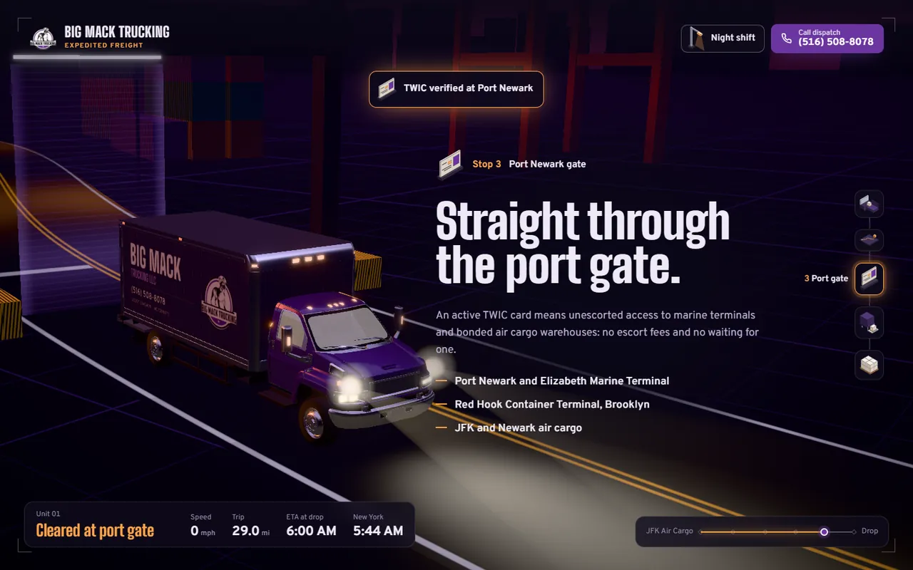Stop 3, the Port Newark gate: straight through with a TWIC-cleared driver.