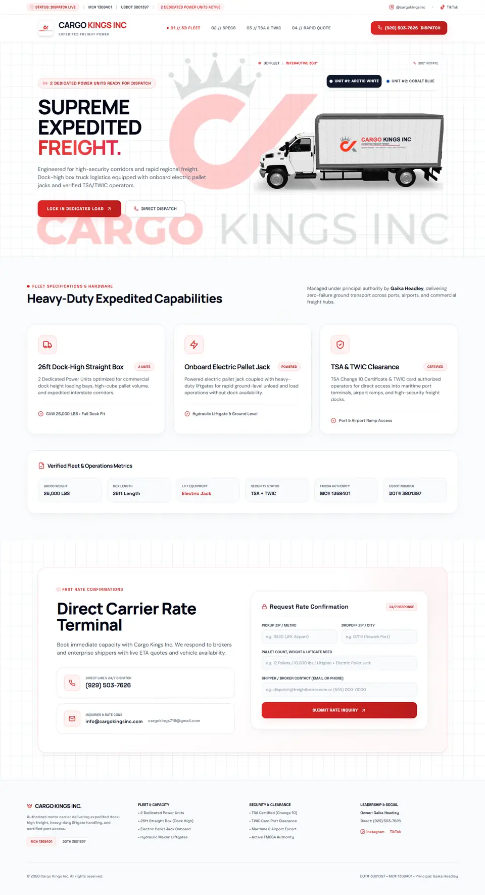 Cargo Kings Inc homepage: Supreme Expedited Freight headline beside an interactive 3D box truck, followed by fleet specifications and a rate request form.