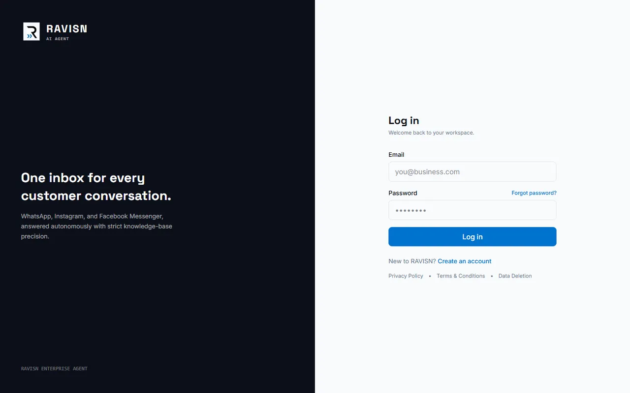 TryRAVISN sign-in page: one inbox for every customer conversation across WhatsApp, Instagram and Facebook Messenger.
