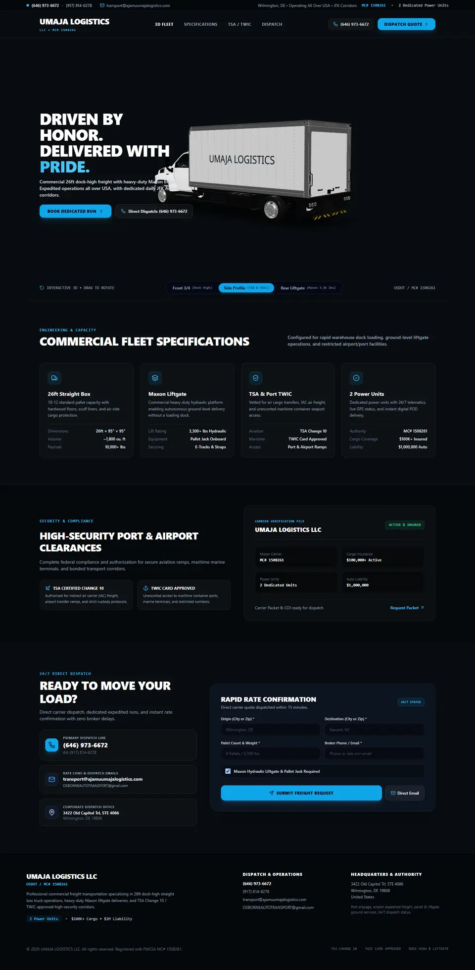 Umaja Logistics homepage: Driven by honor, delivered with pride, beside a 3D box truck with camera presets, followed by fleet specifications and a dispatch form.